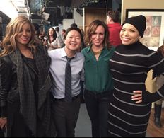 Nikki Chu, Ken Jeong, Francesca Van Horne, & Tisha Campbell Martin on set of Dr Ken