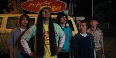 Millie Bobby Brown, Finn Wolfhard, Charlie Heaton, Noah Schnapp, and Eduardo Franco in Stranger Things: Chapter Nine: Th