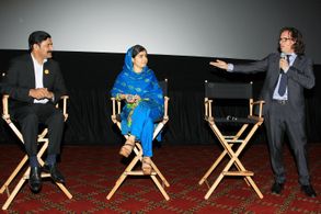 Davis Guggenheim, Malala Yousafzai, and Ziauddin Yousafzai at an event for He Named Me Malala (2015)