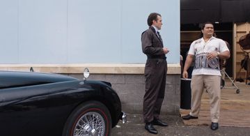 Nick Rhys as Sean Connery and Sam Puefua as Peter Maivia in Young Rock