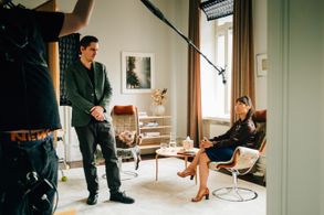 On set with actor Sverrir Gudnason. Burn all my letters. Director Björn Runge