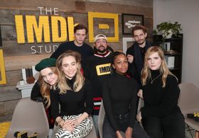 Kevin Smith, Sam Levinson, Bill Skarsgård, Odessa Young, Suki Waterhouse, Hari Nef, and Abra at an event for Assassinati