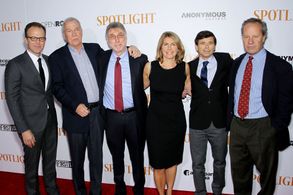 Ben Bradlee Jr., Tom McCarthy, Michael Rezendes, Martin Baron, Sacha Pfeiffer, and Walter Robinson at an event for Spotl