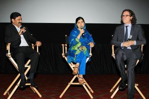 Davis Guggenheim, Malala Yousafzai, and Ziauddin Yousafzai at an event for He Named Me Malala (2015)