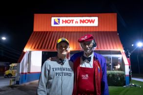 Kyle Misak and Larry Hankin on the set of Bad Haircut.