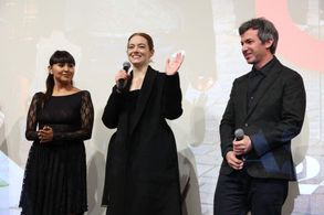 Nizhonniya Austin, Emma Stone, and Nathan Fielder at The Curse premiere.