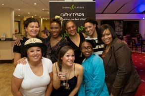 Kerri McLean (director) with The Snakes and Ladders Tour team, Cathy Tyson, Nicola Blackman, Allyson Eva-Brown, Janet Ku