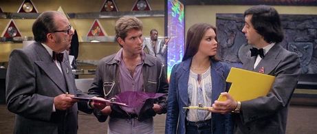 Clem Davies, George Gilmour, Michael Logan, and Catherine Mary Stewart in The Apple (1980)