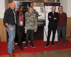 Jonathan McHugh, Mike Peters, and James Chippendale at an event for Man in the Camo Jacket (2017)