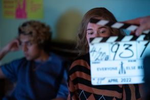 Amy James-Kelly on the set of Everyone Else Burns