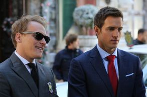 Nicholas Banks and Andrew Cooper on the set of Hallmark's CHRISTMAS AT THE PALACE