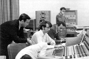 Don Kirshner, Michael Nesmith, The Monkees, and Lester Sill in The Monkees (1966)