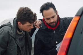 Conor William Wright and Max Dickter on the set of Grey Dog