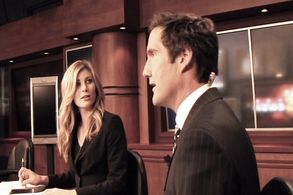 Joe Gehl (Elliot) and Lauren Gilmore (Lauren) at the news desk in Breaking News.