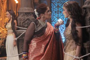 Sudha Chandran, Mouni Roy, and Surbhi Jyoti in Naagin: Episode #3.103 (2019)