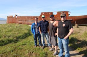 Cast and crew of 'Alone', filming at the Waverley ship wreck in Marlborough, New Zealand.