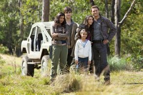 Shelley Conn, Jason O'Mara, Landon Liboiron, Naomi Scott, and Alana Mansour in Terra Nova (2011)