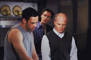 Director, Michael Selditch and Dan Butler review script on the set of Fixing Frank. Andrew Elvis Miller in background.