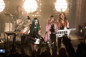 Stefanie Scott, Aubrey Peeples, Hayley Kiyoko, and Aurora Perrineau in Jem and the Holograms (2015)