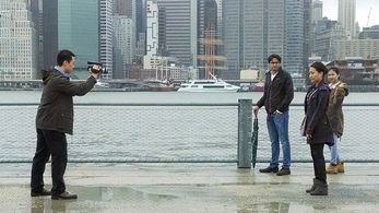 Stephen Lin and Anna Weng on set for CBS Unforgettable (2014)