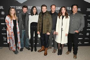 Gil Birmingham, Norman Lehnert, Elizabeth Olsen, Jeremy Renner, Taylor Sheridan, Julia Jones, and Kelsey Asbille at an e