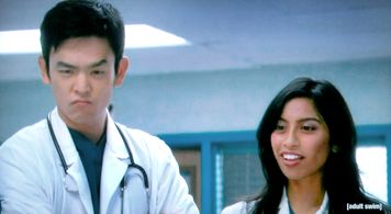 John Cho and Rasika Mathur, impressed with the protocol at Children's Hospital, only on [adult swim]