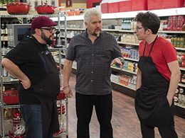 Guy Fieri, Justin Warner, and Carl Ruiz in Guy's Grocery Games: Heavyweight Teams (2018)