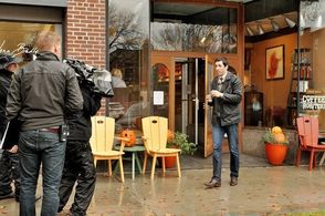 Production Still of Drew Scott on the set of Pumpkin Wars