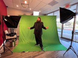 BTS image of actor Brandon Krum recording green screen footage for a couple of feature films.