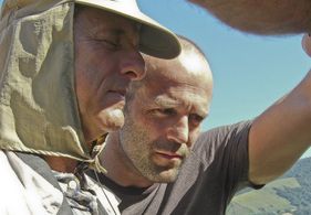 Jason reviews playback with Jacques after stunt.