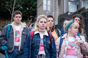 Nicola Coughlan, Dylan Llewellyn, Louisa Harland, Jamie-Lee O'Donnell, and Saoirse-Monica Jackson in Derry Girls (2018)