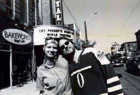 Liz Marshall with Canadian maverick director Bruce McDonald, on a shoot for Bravo!NewsArtsChannel. Little Italy, Toronto