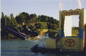 Brian Keith Allen and a stunt member rehearsing a jet-ski stunt.