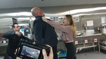 Jessie Vaughn behind the scenes of “Wiseguys vs. Aliens”