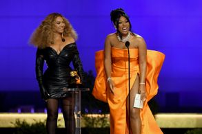 Beyoncé and Megan Thee Stallion at an event for The 63rd Annual Grammy Awards (2021)