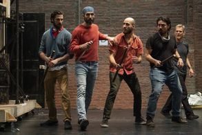 Gregory Connors, Louis Cancelmi, Sebastian Roy, Christopher Ryan Grant, and Steve Rankin in Coriolanus at the Public
