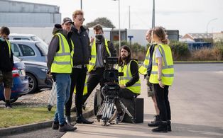 Giles Alderson, Jack Spring, Andrew Rodger and crew on set of Three Day Millionaire