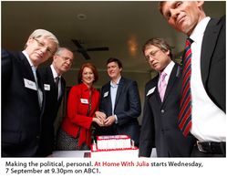 'At Home With Julia' - TV series, L to R: Paul McCarthy, Jonathan Biggins, Amanda Bishop, Phil Lloyd, Alan Dukes, Nichol