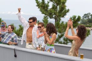 Leonardo DiCaprio, P.J. Byrne, Jonah Hill, Cristin Milioti, Henry Zebrowski, and MacKenzie Meehan in The Wolf of Wall St
