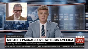 Sean Allan Krill as UNN host Sydney Muscat with Jeff Goldblum in Search Party - 