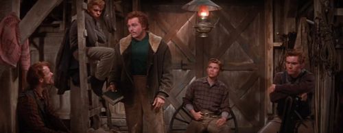 Jacques d'Amboise, Howard Keel, Matt Mattox, Tommy Rall, and Russ Tamblyn in Seven Brides for Seven Brothers (1954)