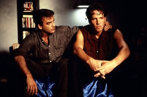 Christoph M. Ohrt (left - as police officer Christoph Schwenk) consoling his roommate Tim Bergmann (as the gay mechanic 