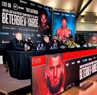 Bob Arum, Anthony Yarde, Dev Sahni, Tunde Ajayi, Frank Warren, Marc Ramsay, and Artur Beterbiev in BT Sport Fight Night 