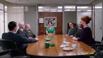 Jon Hamm, Jared Harris, Christina Hendricks, Vincent Kartheiser, Robert Morse, John Slattery, and Sadie Alexandru in Mad