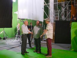 On set of Christmas Eve with Patrick Stewart and Mitch Davis