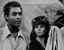 Raquel Welch, John Huston, and Calvin Lockhart in Myra Breckinridge (1970)