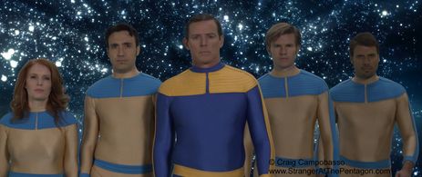Stranger at the Pentagon Short Film. L-R: Valiant Thor (Jeff Joslin); Joshua Morrow (Zann); Kimberly Crandall (Teel); Br