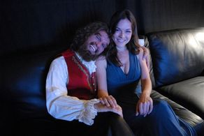 Heather Gornall between takes with John Lehr on Cavemanscrib shoot.