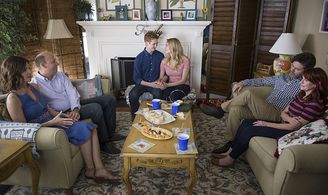 Megan Mullally, Nick Offerman, Hunter King, Betsy Brandt, Dan Bakkedahl, and Niall Cunningham in Life in Pieces (2015)