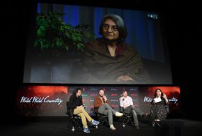 Mark Duplass, Chapman Way, Ma Anand Sheela, and Maclain Way at an event for Wild Wild Country (2018)